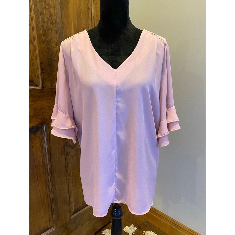Philosophy Blouse‎  Plus Size 1X Top Dusty Rose PinkDressy V Neck Ruffle Sleeve